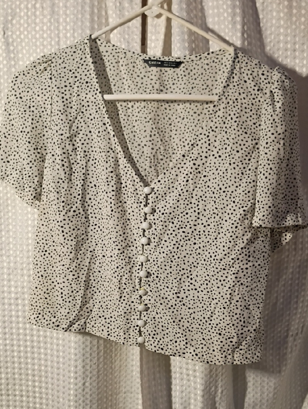 SHEIN White Blouse with Black Dot Button-Front V-Neck
